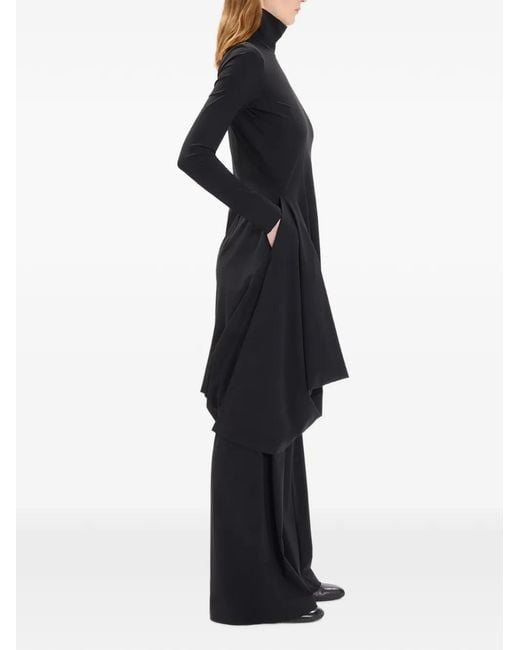 High Black Scattering Mock-Neck Asymmetric Draped Mid-Length Dress