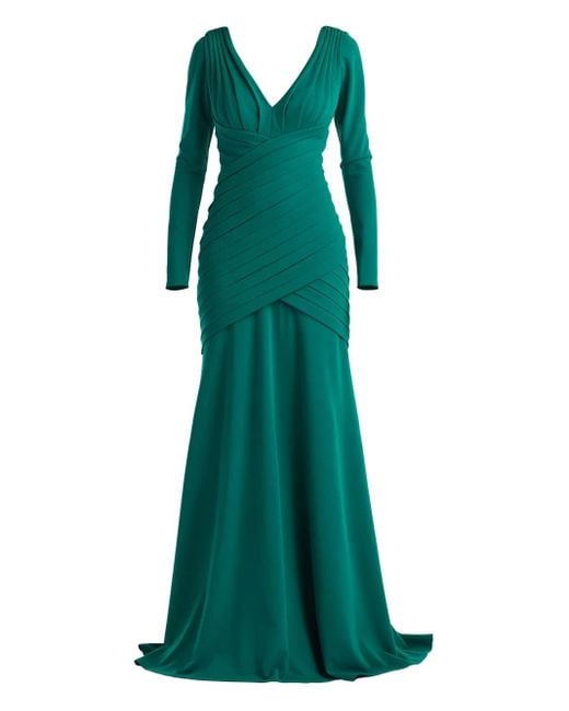 Tadashi Shoji Green Pleated Long-Sleeve Maxi Dress