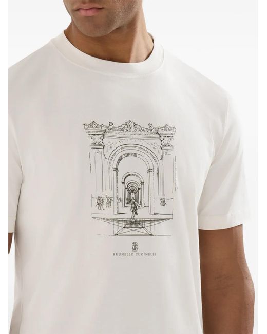 Brunello Cucinelli White Cotton Jersey Crew Neck T-Shirt With Print for men