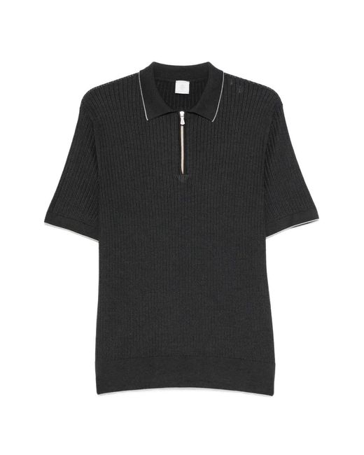 Eleventy Black Half-Zip Ribbed Polo Shirt for men