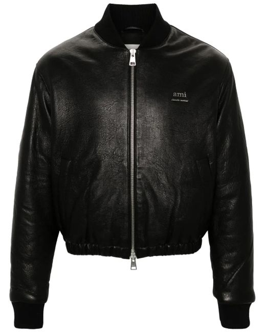 AMI Black Logo Plaque Leather Jacket for men