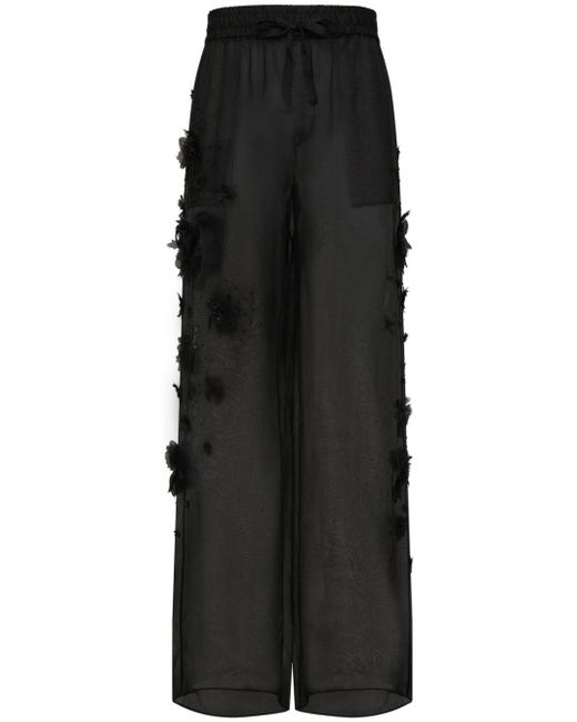 Dolce & Gabbana Black Floral-appliqué Silk Trousers for men