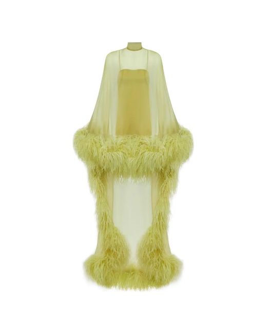 ‎Taller Marmo Yellow Daisy Kaftan Feathered Dress