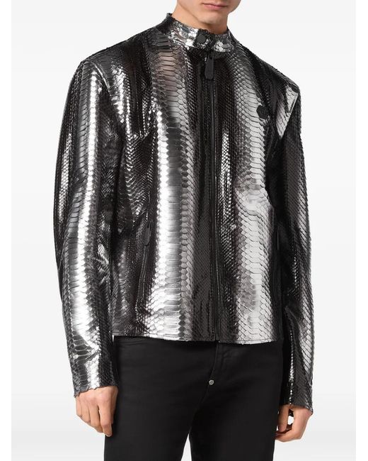 Philipp Plein Black Python-Skin Biker Jacket for men