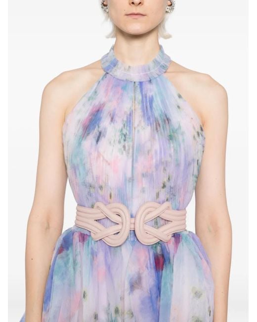 Saiid Kobeisy Blue Floral-Print Tulle Dress