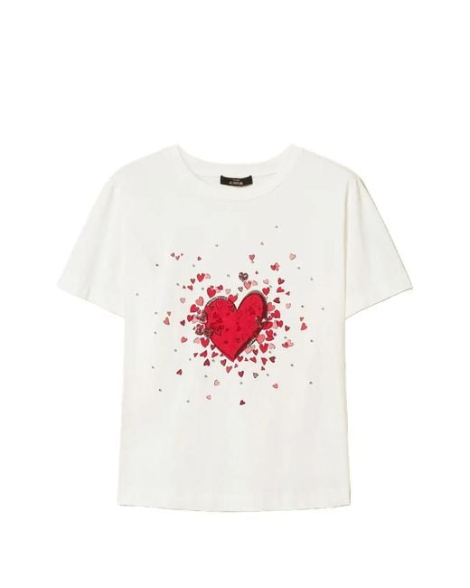 Twinset White T-Shirt À Imprimé Cœur À Strass