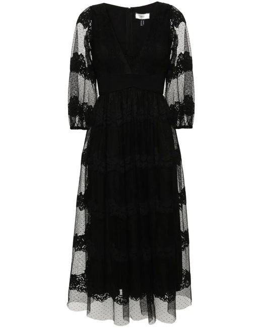 Nissa Black Floral-Lace Tiered Midi Dress