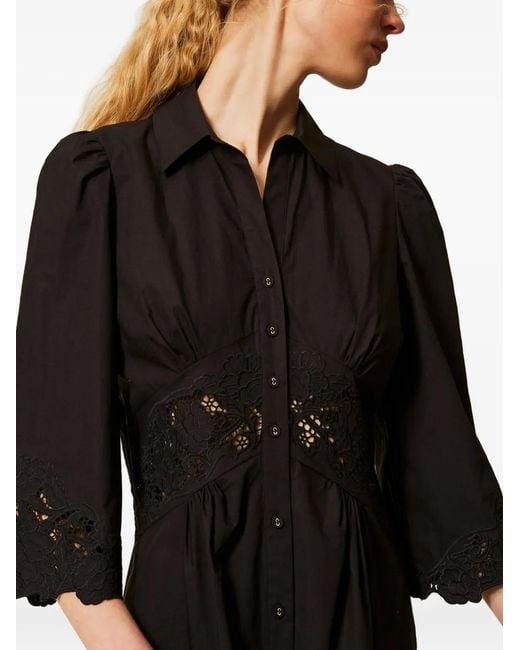 Twinset Black Midi Poplin And Broderie Anglaise Dress