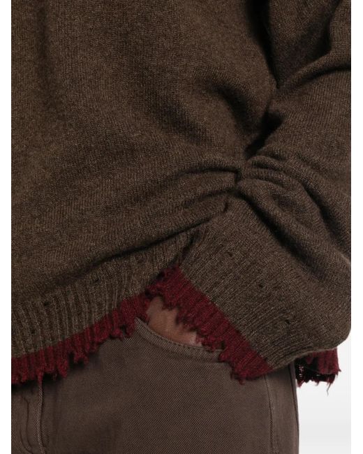 Uma Wang Brown Distressed-Effect Ribbed-Trim Sweater