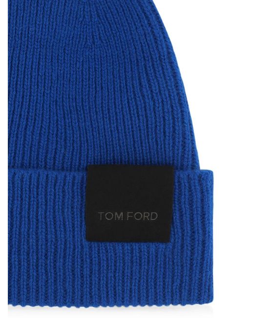 Tom Ford Blue Logo-Patch Beanie Hat for men