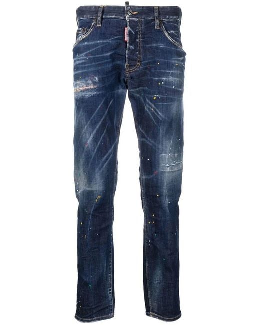 DSquared² Blue Paint-Splatter Slim-Cut Jeans for men