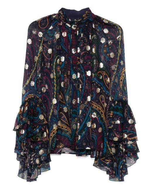 Etro Blue Paisley-Print Ruffled Top