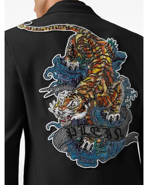 Philipp Plein Black Beaded Peak-Lapel Blazer for men