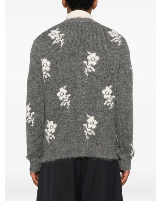 Jil Sander Gray Floral-Intarsia V-Neck Cardigan for men