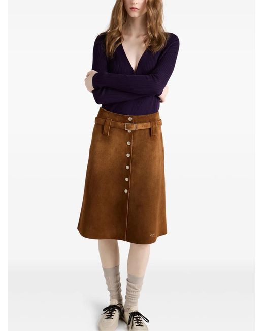 Prada Brown Belted Suede Midi Skirt