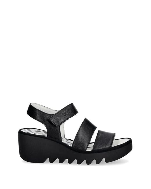 Fly London Black Touch-Strap Wedge Sandals