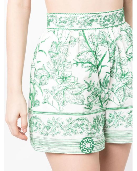 Elie Saab Green Floral-Print High-Waist Shorts