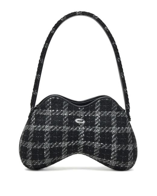 DIESEL Black Double-D Schultertasche mit Hahnentrittmuster