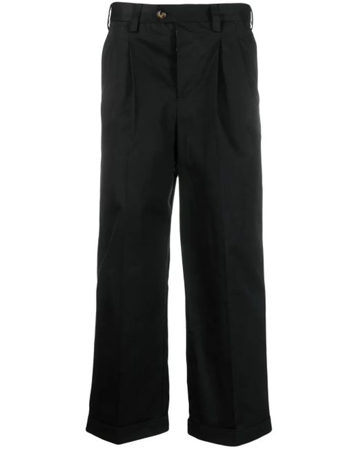PT Torino Black Pleated-Edge Cropped Trousers for men