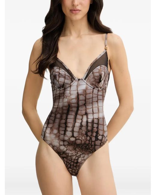 Elisabetta Franchi Black Crocodile-Effect Mesh-Panel Swimsuit
