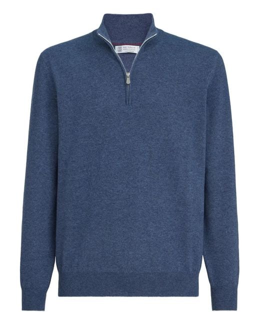 Brunello Cucinelli Blue Cashmere Sweater With Half Zip for men