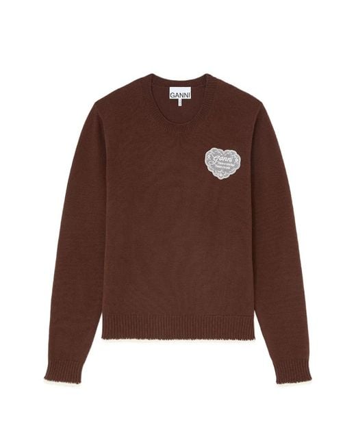Ganni Brown Logo-Patch Crochet-Trim Sweater