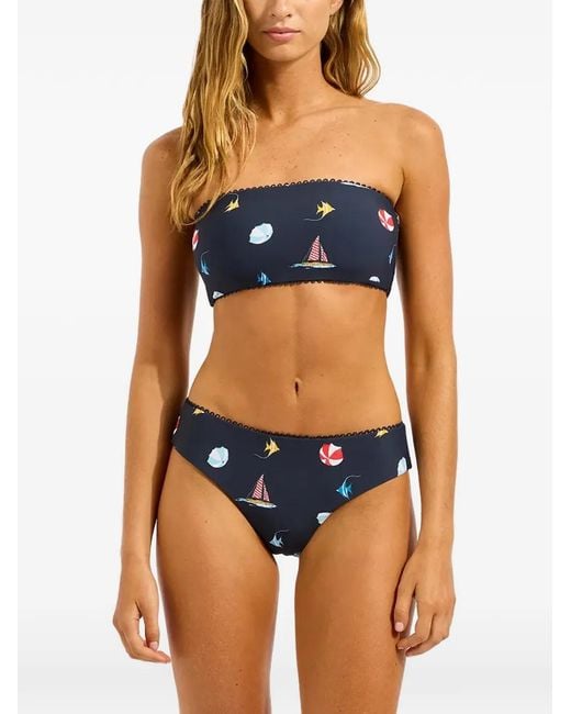 Seafolly Blue Beachclub Retro Graphic-Print Bandeau Bottom
