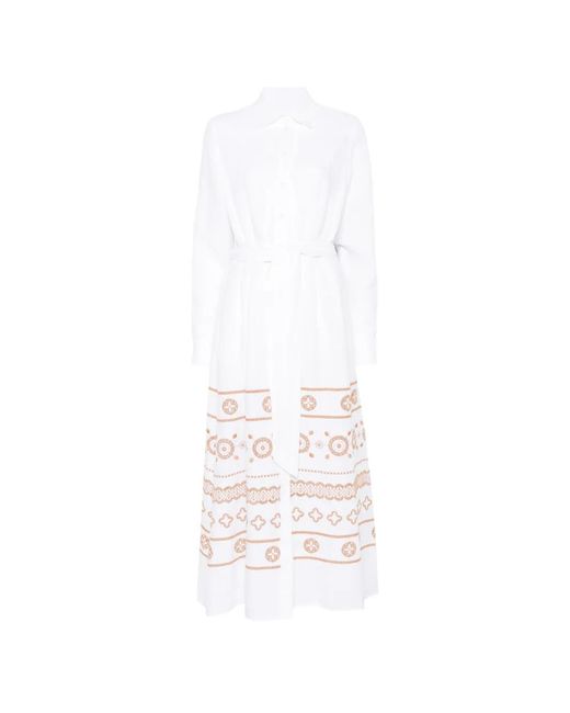 Eleventy White Embroidered Belted Midi Shirt Dress