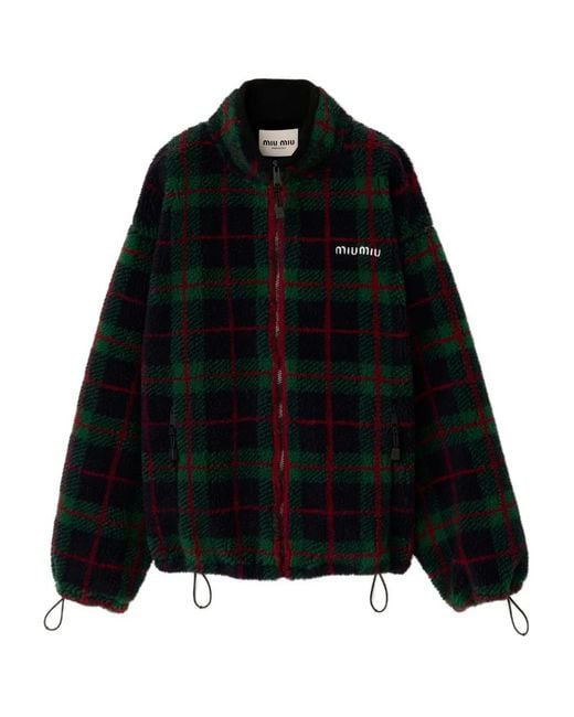 Miu Miu Black Checked Teddy Zipper Jacket