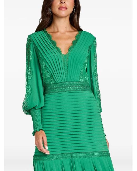 Tadashi Shoji Green Nyssa Lace-Panelled Pleated Midi Dress