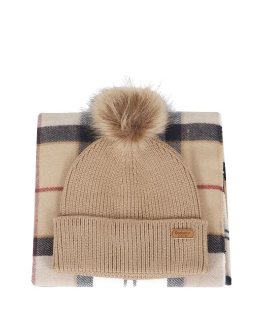 Barbour Pompom-detail Beanie-scarf Set Natural