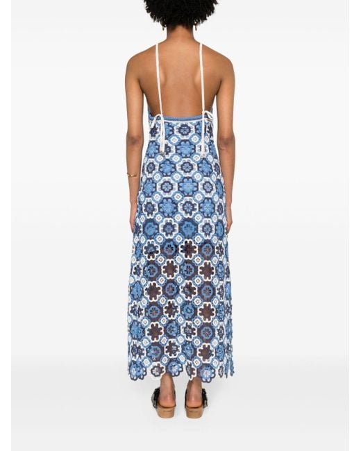 Maje Blue Crochet-overlay Halterneck Dress