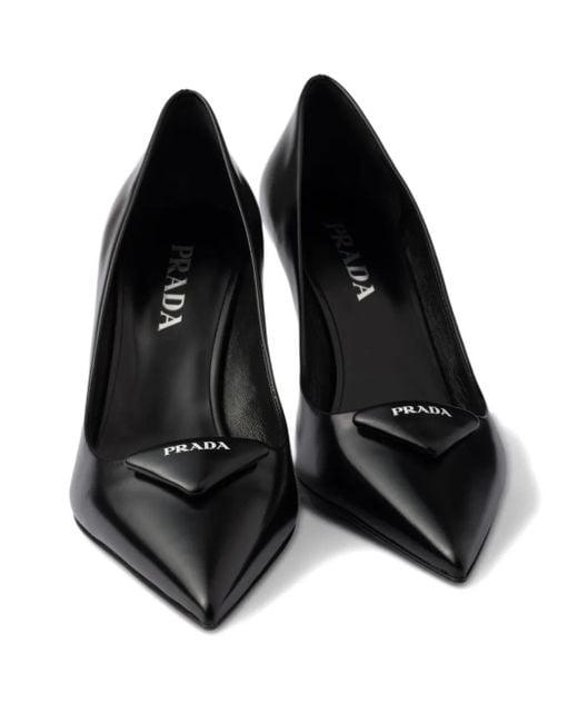Prada Black 75Mm Triangle-Logo Leather Pumps