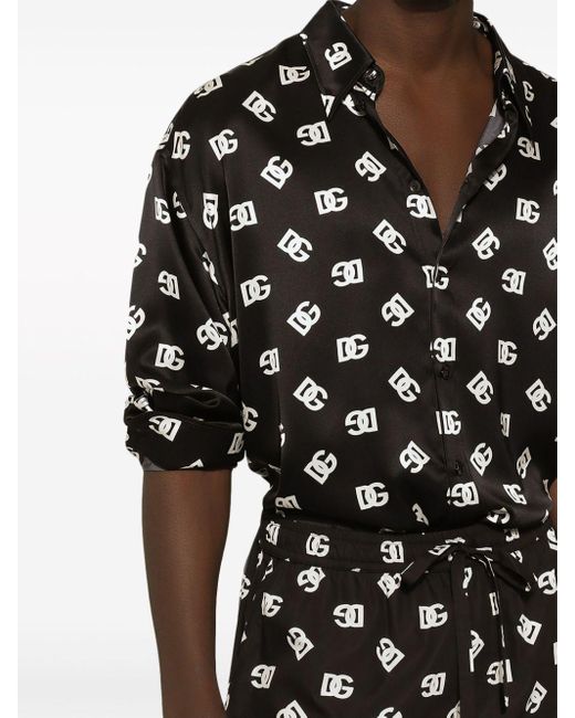 Dolce & Gabbana Black Dg Logo-print Silk Shirt for men