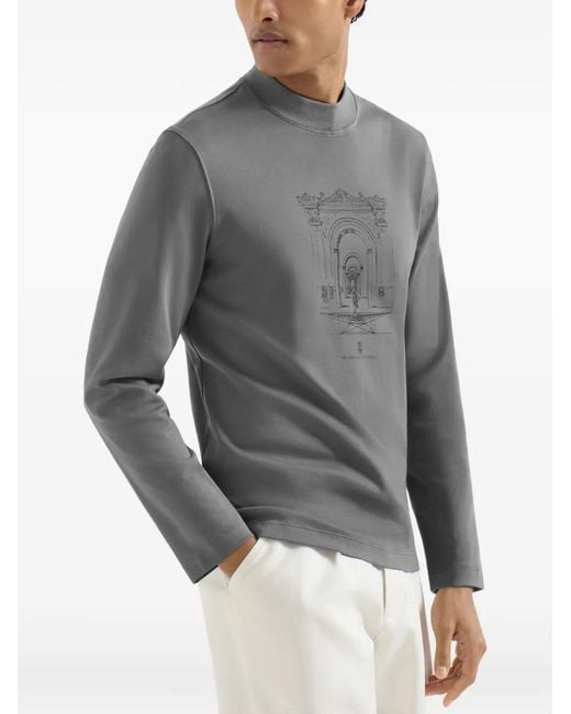 Brunello Cucinelli Gray Cotton Interlock Long-Sleeve T-Shirt With Mock-Neck And Print for men