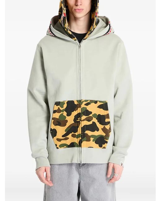 A Bathing Ape Gray Camo-Panel Shark-Print Hoodie
