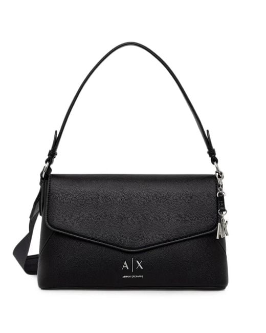 ARMANI EXCHANGE Black Logo-Plaque Pebbled Shoulder Bag
