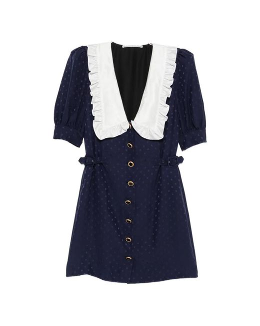 Alessandra Rich Blue Star-Jacquard Ruffled-Collar Mini Dress