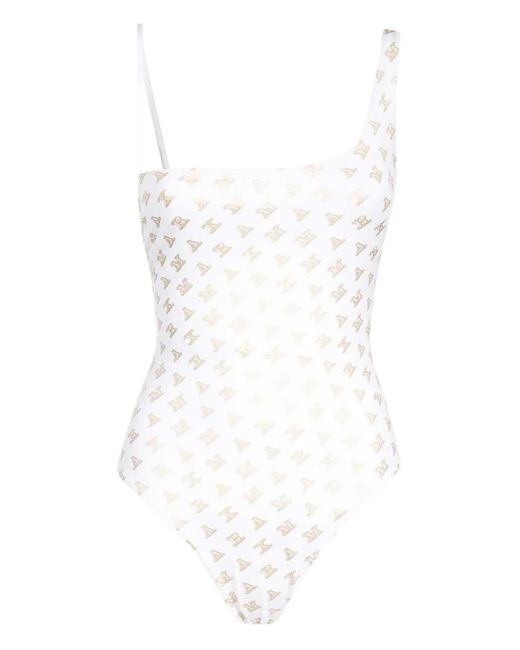 Max Mara White Logo-Print One-Shoulder Swimsuit
