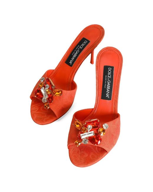 Dolce & Gabbana Red Brocade Mules With Embroidery