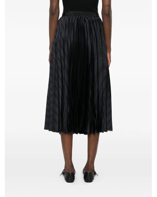 Sacai Black Pleated Striped Midi Skirt