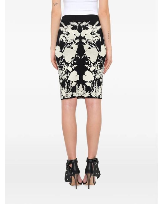 McQueen Black Floral-Intarsia Pencil Skirt