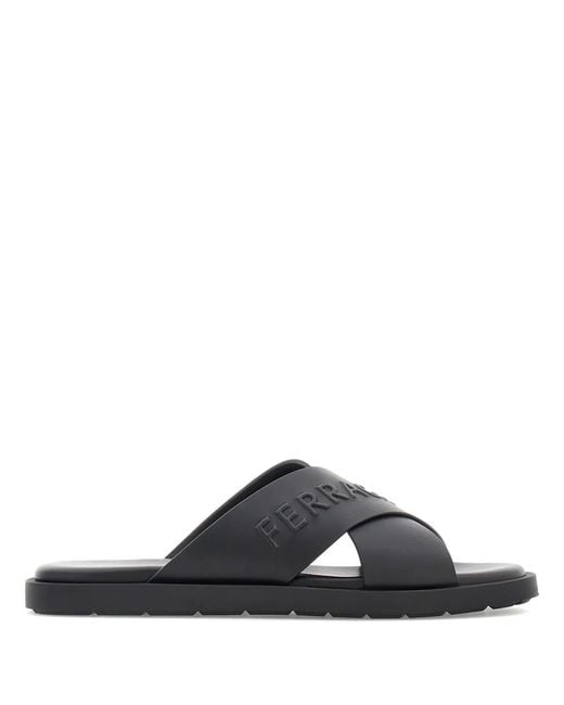 Ferragamo Black Logo Crossover Leather Slides for men
