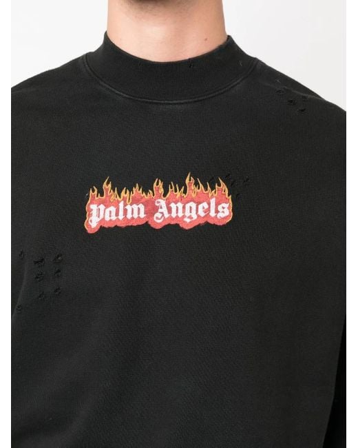 Palm Angels Black Distressed Burning Logo-print Sweatshirt for men