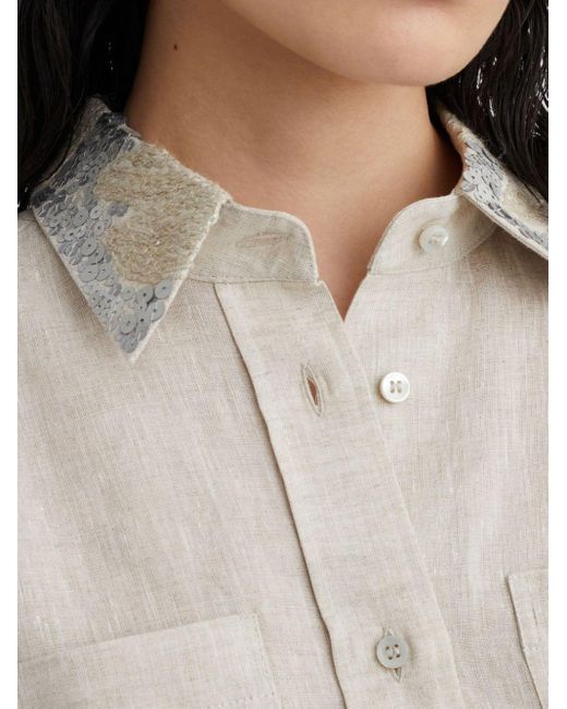 Brunello Cucinelli Natural Embroidered Short-Sleeve Shirt