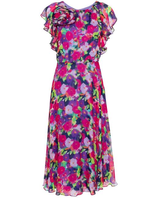 Nissa Purple Floral-appliqué Georgette Dress