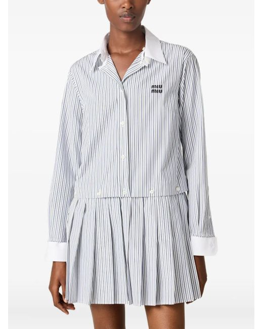 Miu Miu Gray Pleated Striped Mini Shirt Dress
