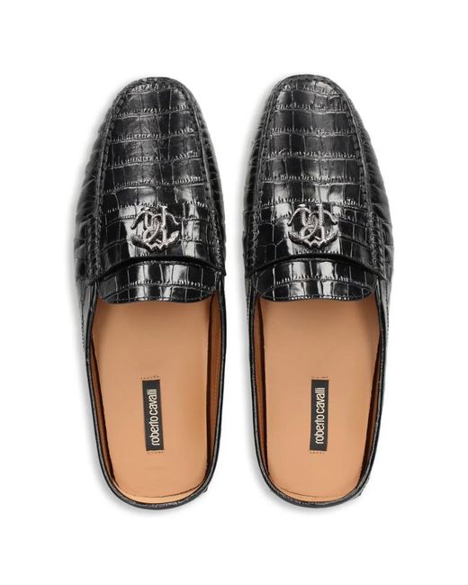 Roberto Cavalli Black Crocodile-Effect Mules for men