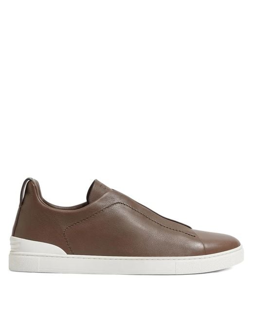 Zegna Brown Triple Stitch Secondskin Leather Sneakers for men