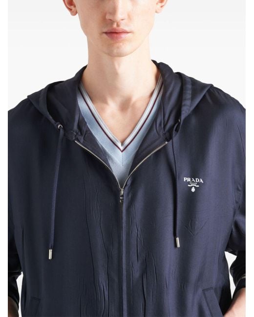 Prada Blue Logo-print Silk Hooded Jacket for men